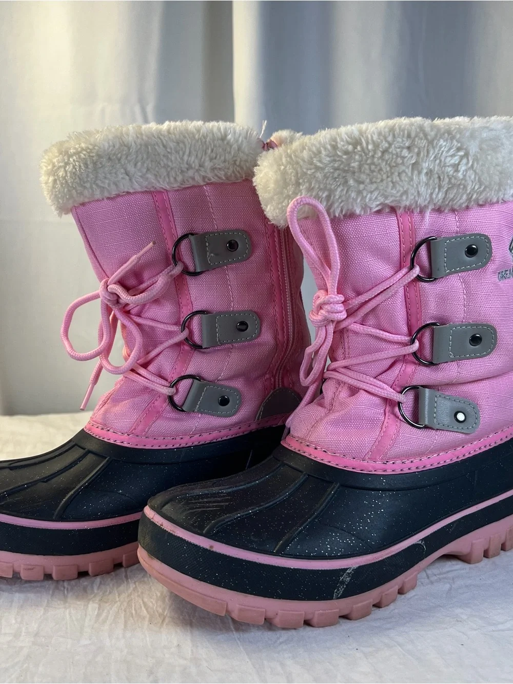 Dream Pairs Girls sz4 Pink&Black Winter Snow Boots Faux Fur Trim Glitter Zip&Tie